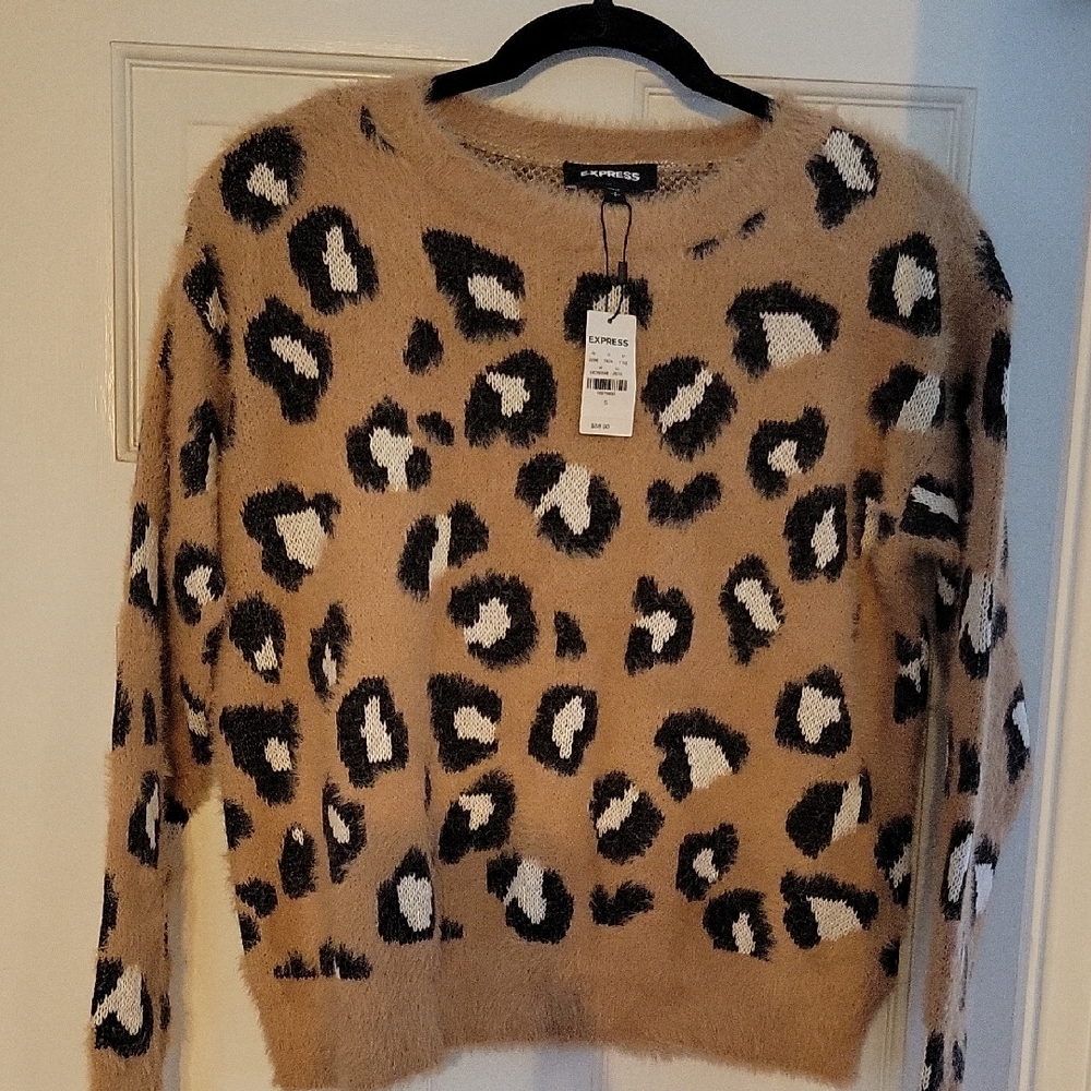 Express Fuzzy Leopard Print Sweater - Beige and Black